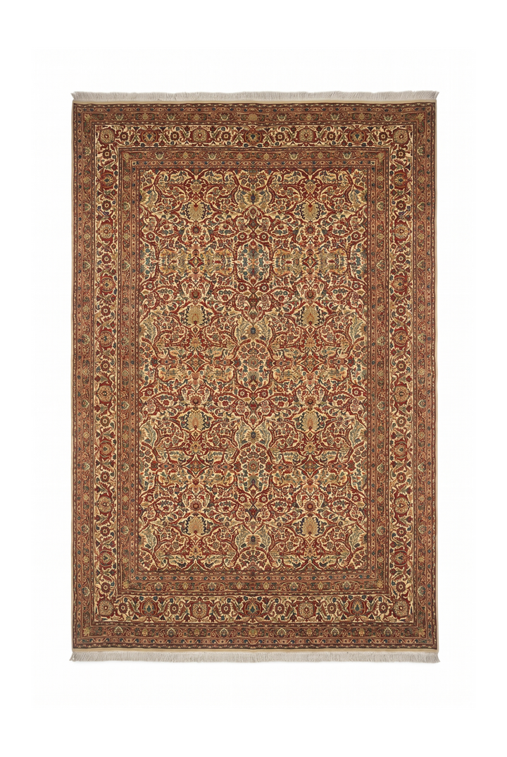 Cream and Red Floral Lattice, Hand-Knotted Wool Rug