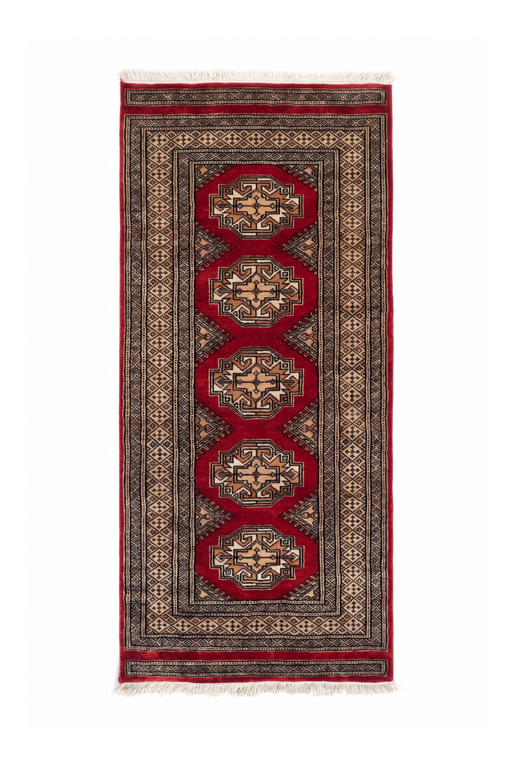 Red and Beige Yamoud Rug, Hand-Knotted Wool