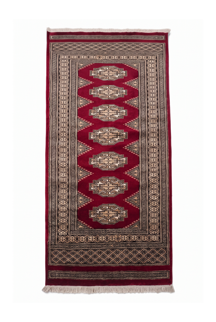 Wine Red and Beige Yamoud Rug, Hand-Knotted Wool