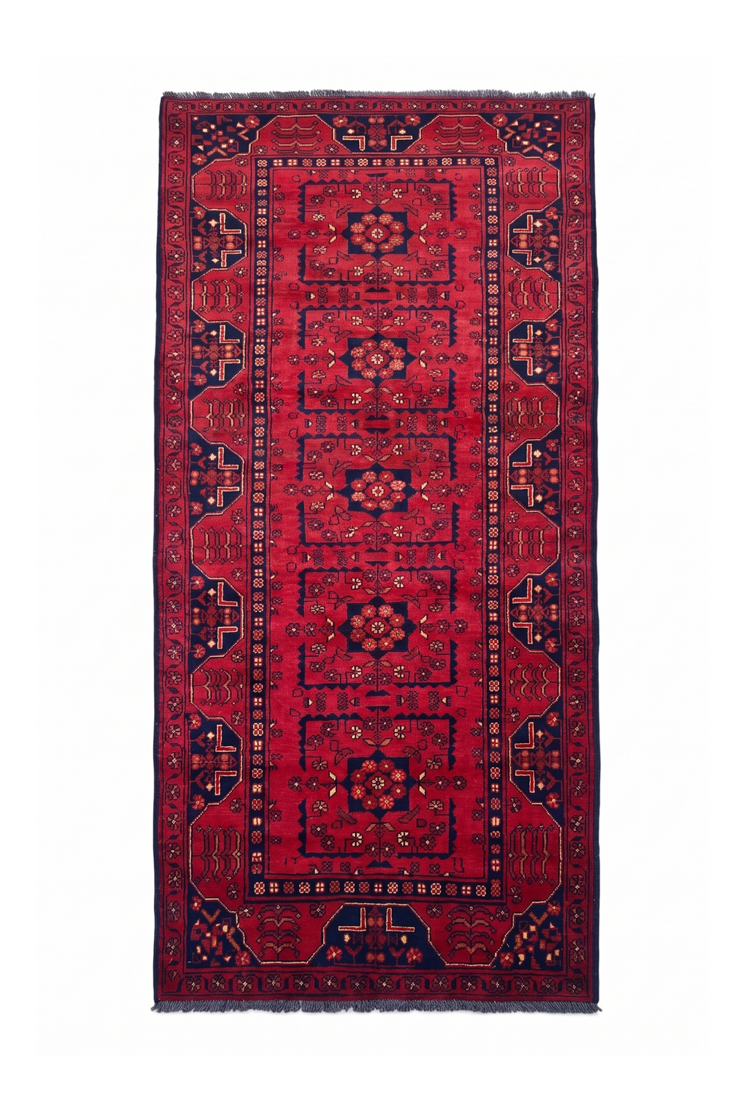 Red and Navy Khan Muhammadi Rug, Hand-Knotted Wool