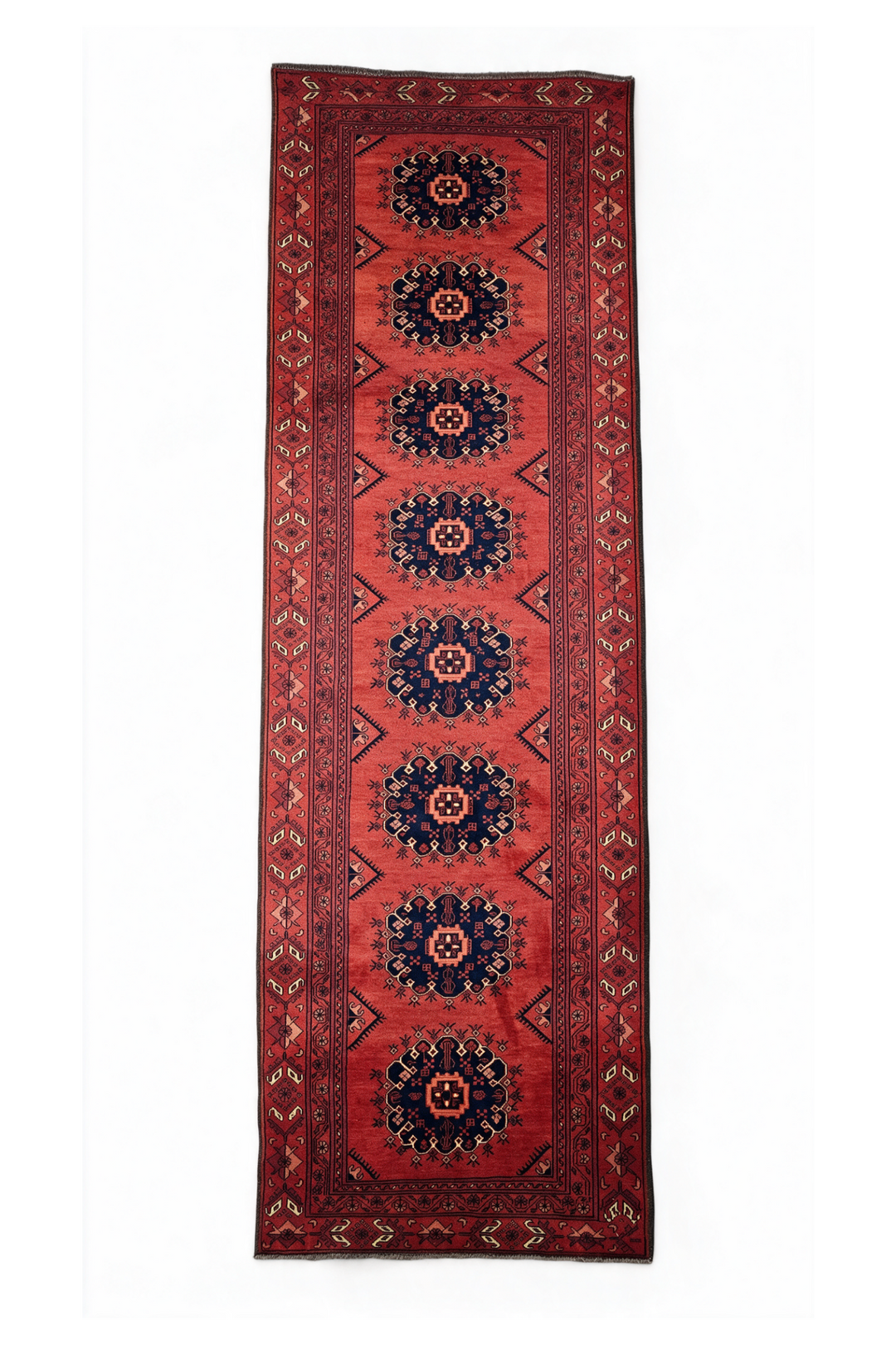 Red and Navy Khan Muhammadi Runner, Hand-Knotted Wool