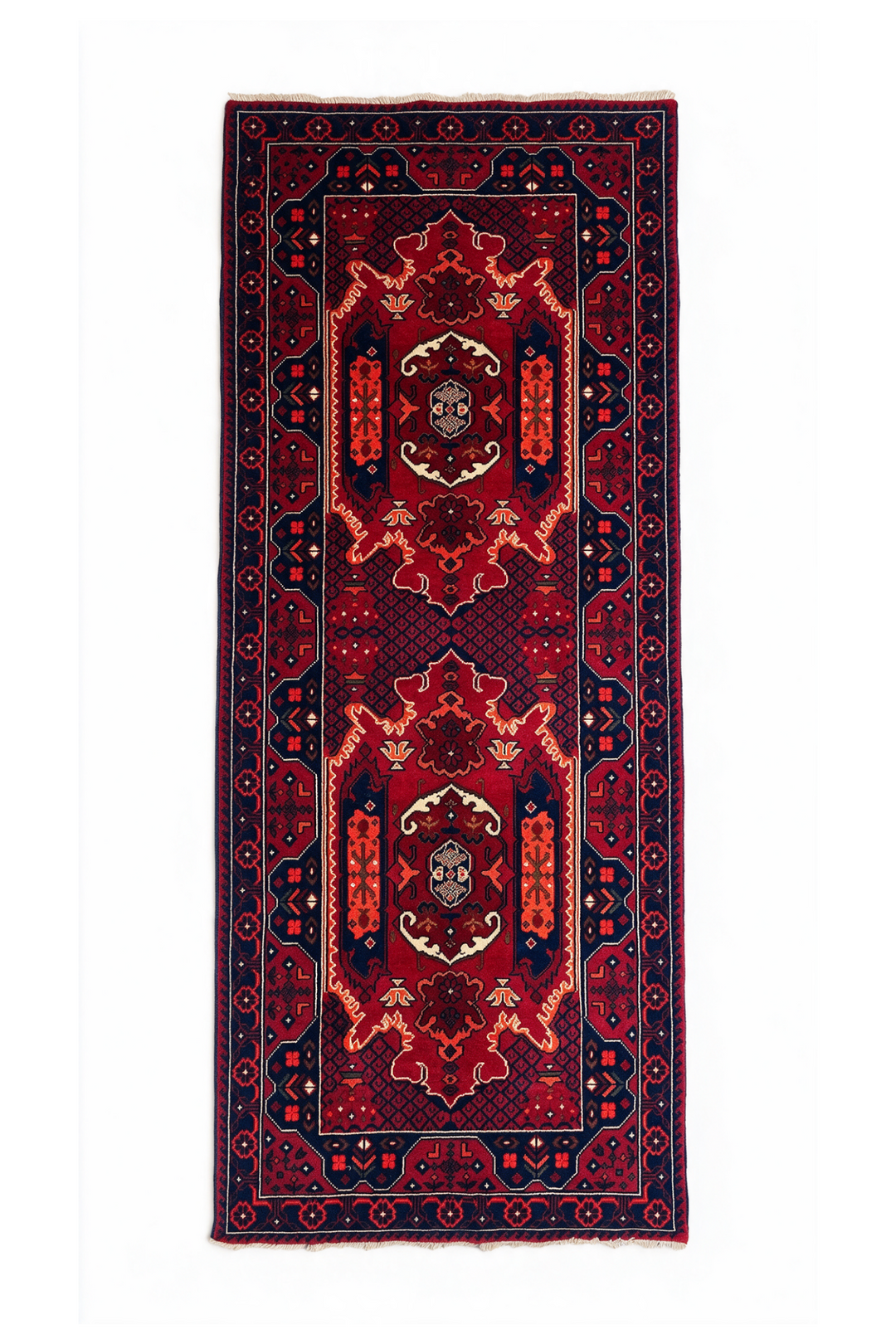 Crimson and Navy Khan Muhammadi Rug, Hand-Knotted Wool