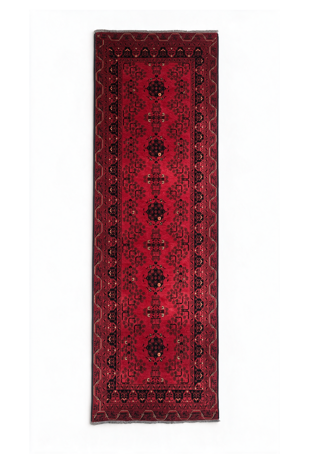 Crimson and Black Khan Muhammadi Runner, Hand-Knotted Wool