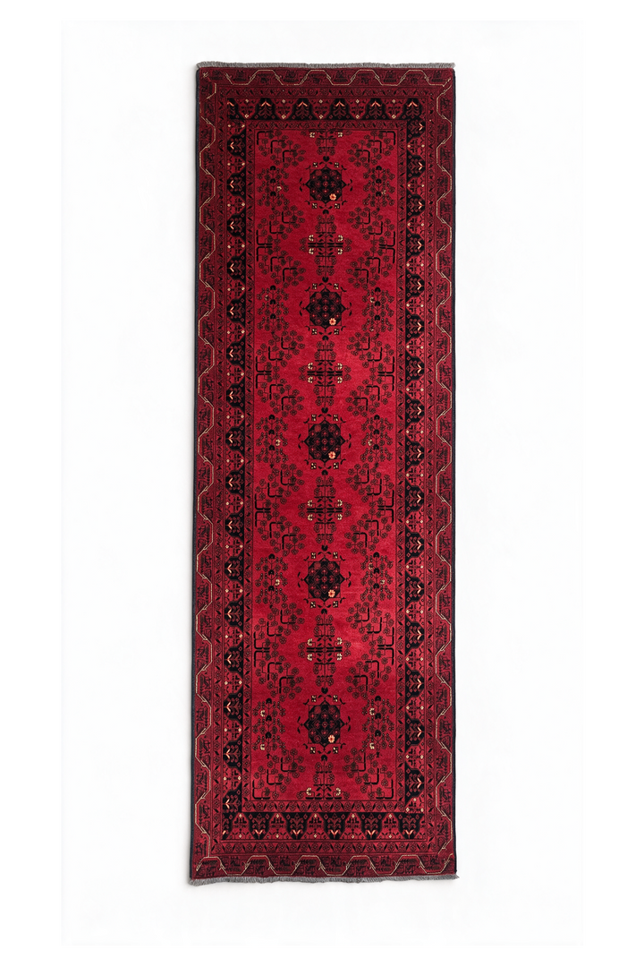 Crimson and Black Khan Muhammadi Runner, Hand-Knotted Wool
