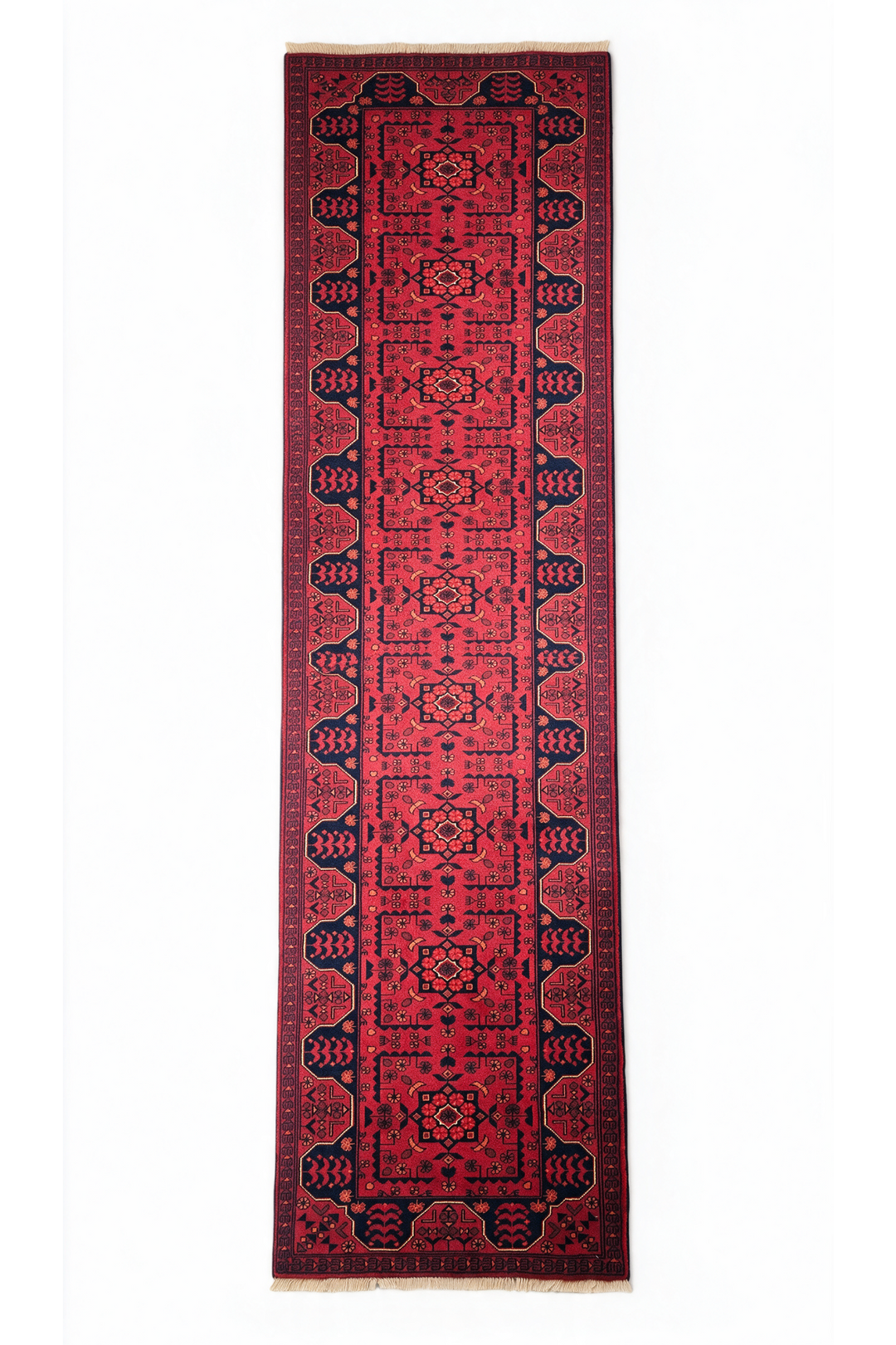 Cherry Red and Navy Khan Muhammadi Runner, Hand-Knotted Wool