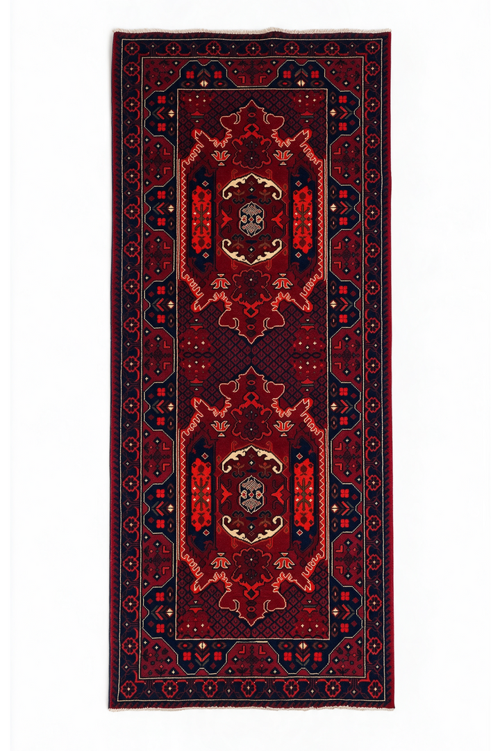 Deep Madder and Navy Khan Muhammadi Rug, Hand-Knotted Wool