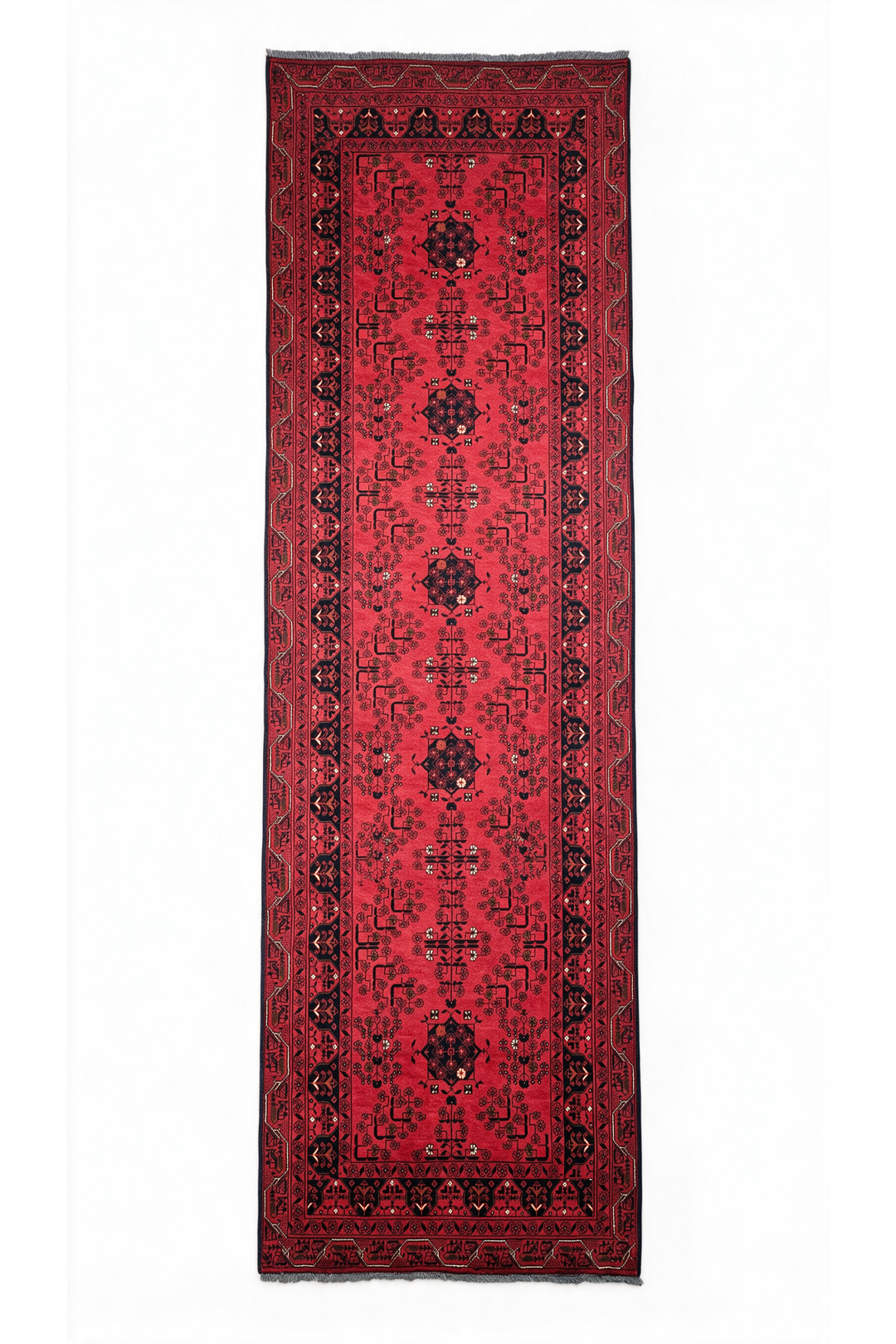 Bright Red and Navy Khan Muhammadi Runner, Hand-Knotted Wool