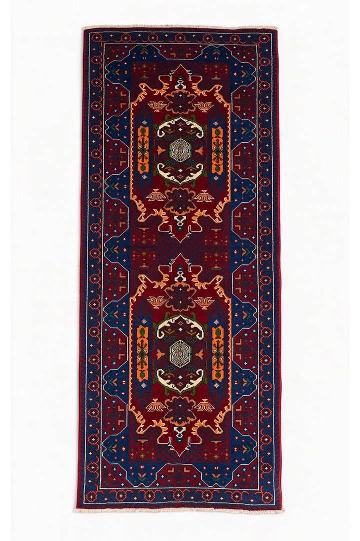 Red and Blue Khan Muhammadi Rug, Hand-Knotted Wool