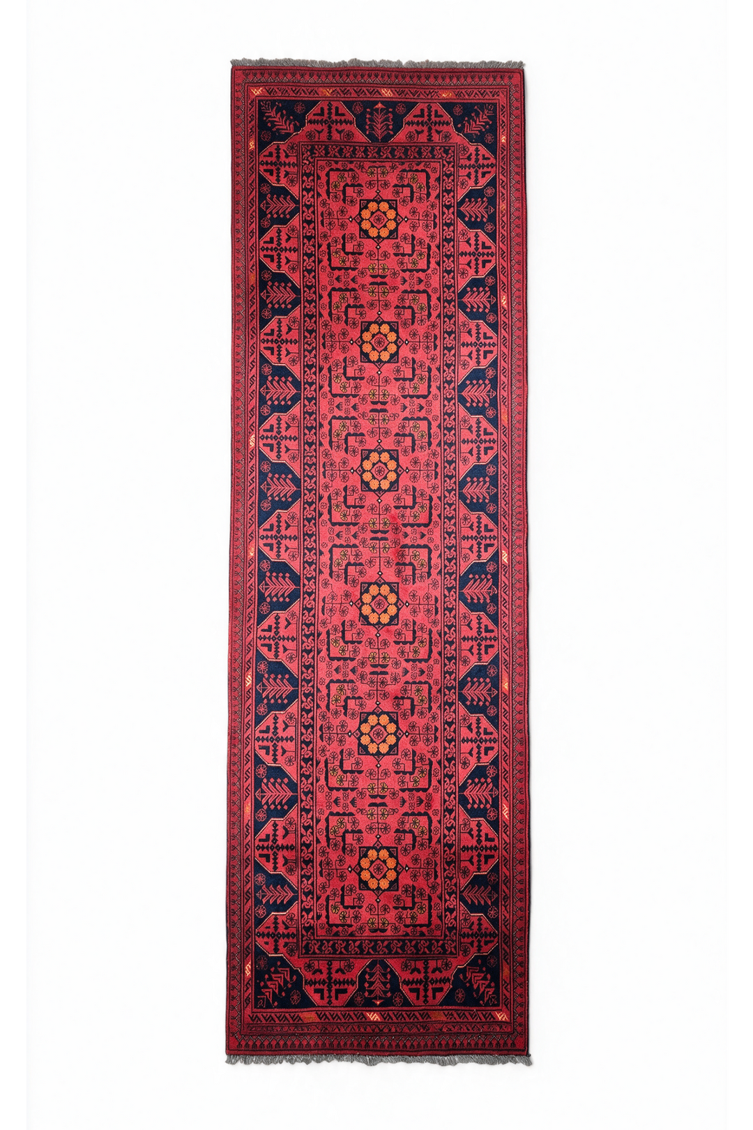 Raspberry Red and Navy Khan Muhammadi Runner, Hand-Knotted Wool
