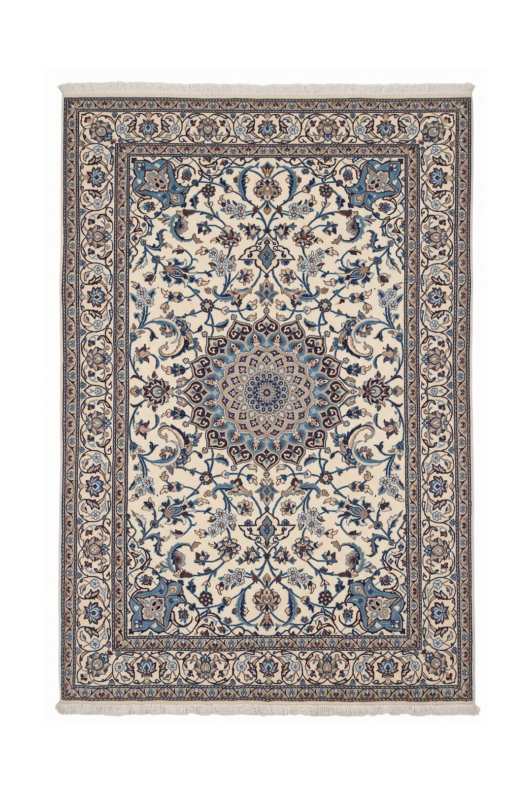 Ivory and Sky Blue Medallion Nain, Hand-Knotted Wool Rug