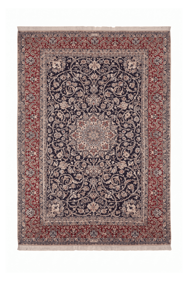 Navy and Red Medallion Nain, Hand-Knotted Wool Rug