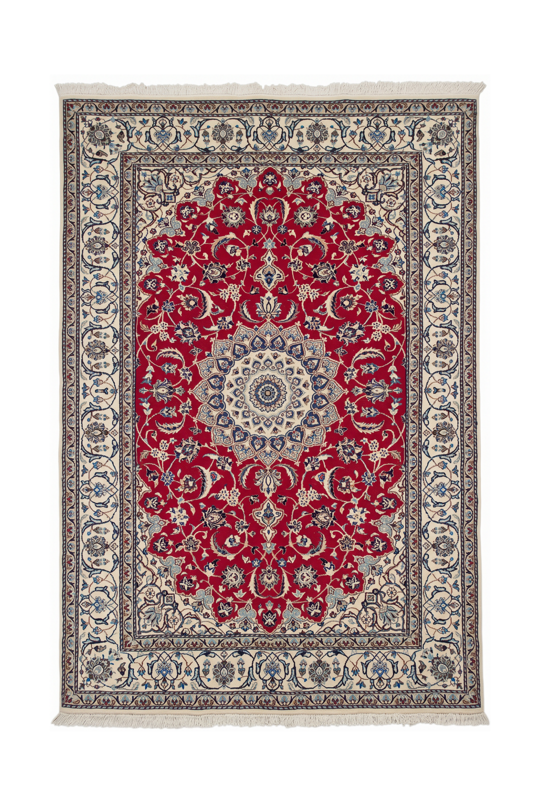 Red and Ivory Medallion Nain, Hand-Knotted Wool Rug