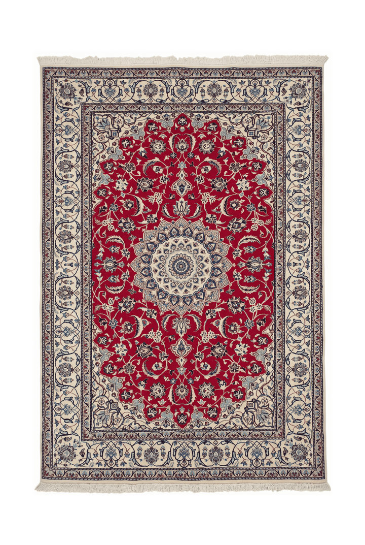 Red and Ivory Medallion Nain, Hand-Knotted Wool Rug