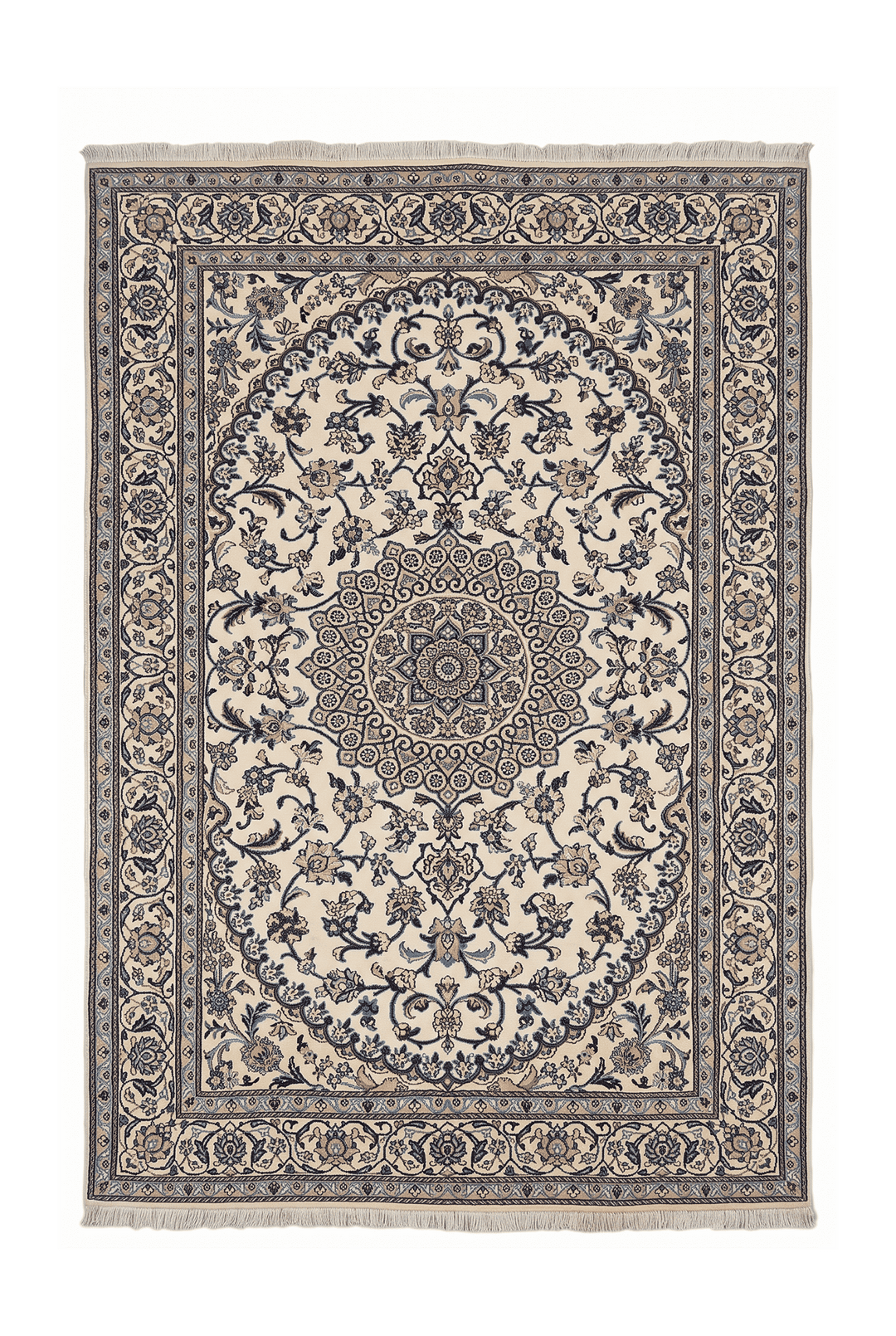 Cream and Blue Medallion Nain, Hand-Knotted Wool Rug