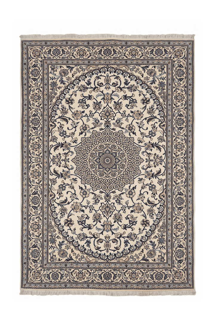 Cream and Blue Medallion Nain, Hand-Knotted Wool Rug