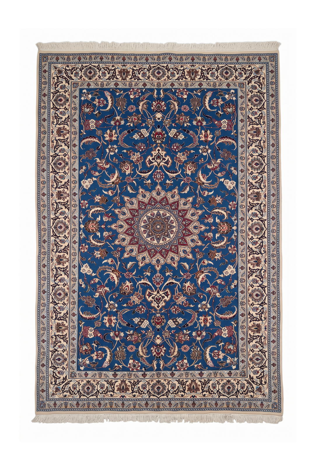 Cobalt Blue and Ivory Medallion Nain, Hand-Knotted Wool Rug