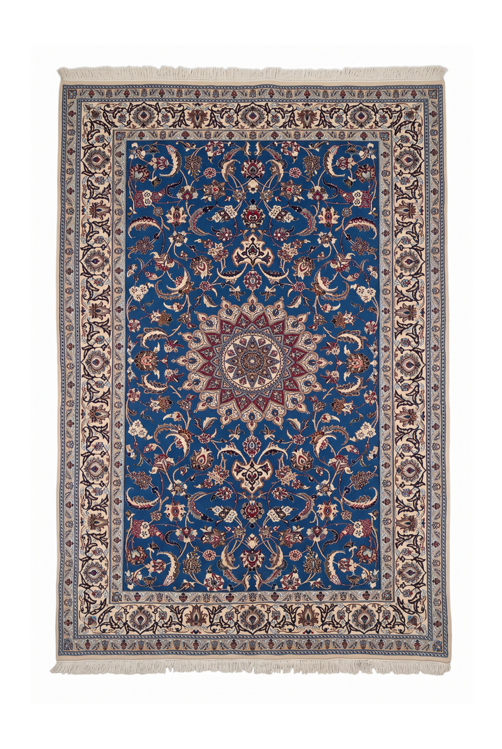 Cobalt Blue and Ivory Medallion Nain, Hand-Knotted Wool Rug