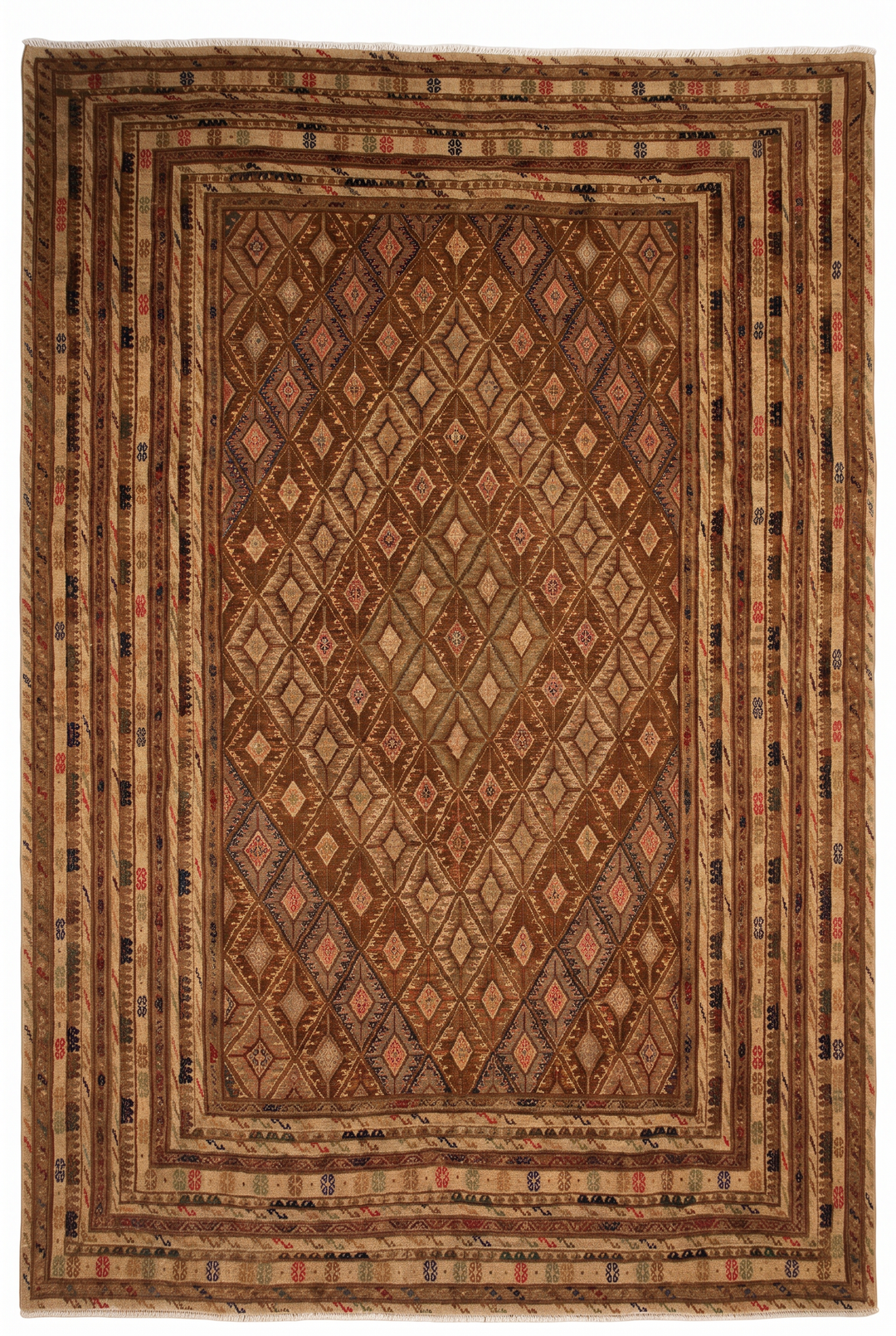 Camel and Brown Diamond Lattice Kilim, Hand-Woven Wool