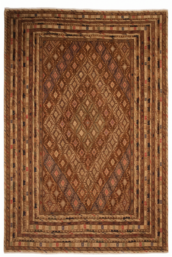 Camel and Brown Diamond Lattice Kilim, Hand-Woven Wool