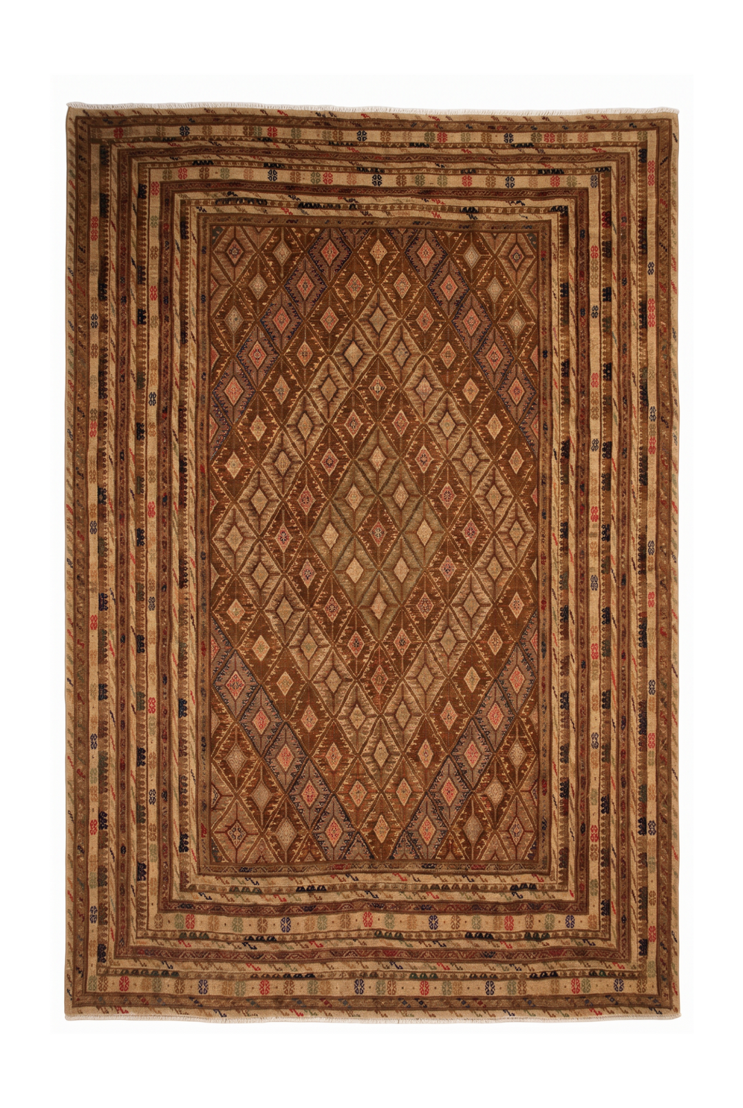 Camel and Brown Diamond Lattice Kilim, Hand-Woven Wool