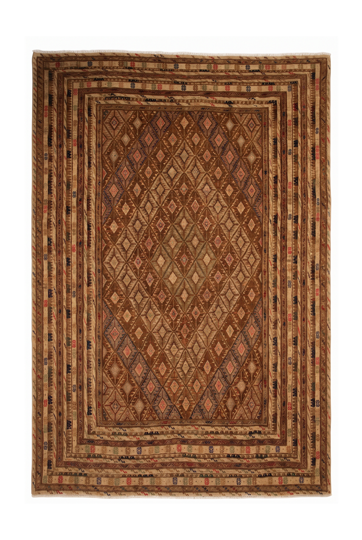 Camel and Brown Diamond Lattice Kilim, Hand-Woven Wool