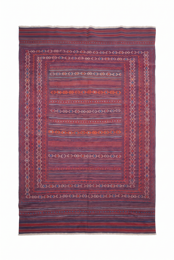 Rose Red and Plum Kilim, Hand-Woven Wool