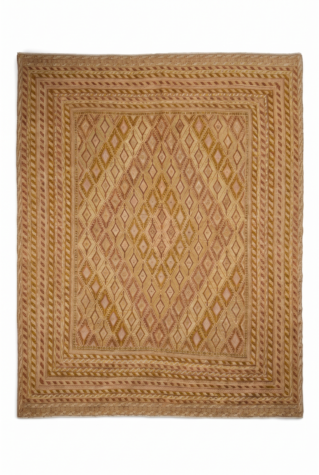 Gold and Cream Diamond Lattice Kilim, Hand-Woven Wool