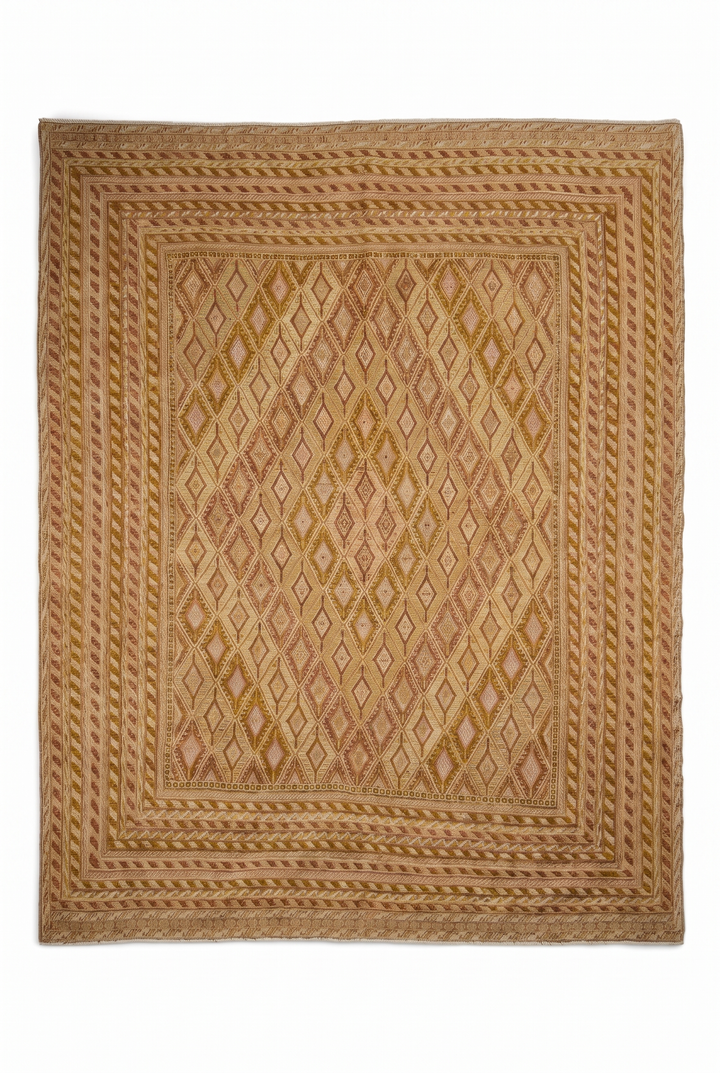 Gold and Cream Diamond Lattice Kilim, Hand-Woven Wool