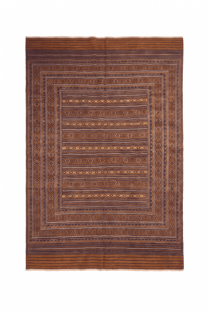 Caramel and Gold Banded Kilim, Hand-Woven Wool