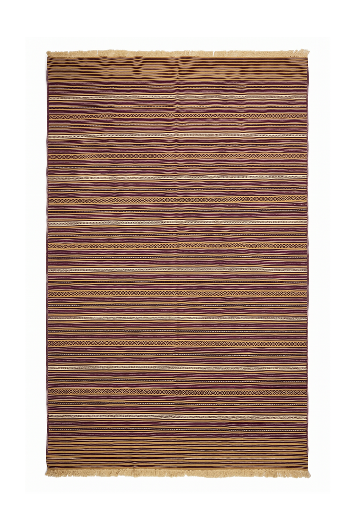 Gold and Plum Striped Kilim, Hand-Woven Wool