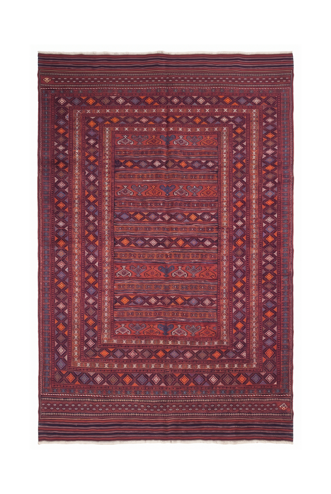 Rose Red and Orange Banded Kilim, Hand-Woven Wool