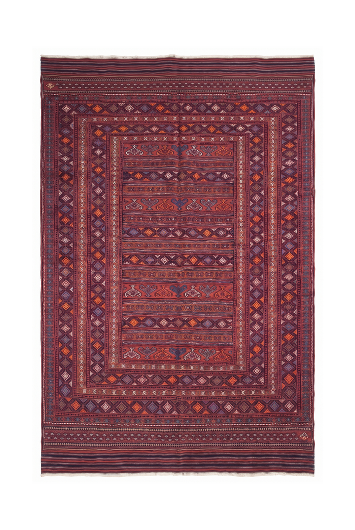 Rose Red and Orange Banded Kilim, Hand-Woven Wool