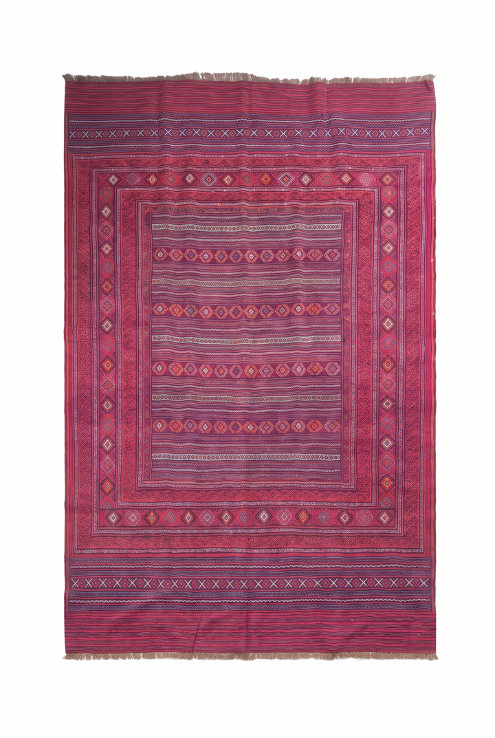 Magenta and Rose Banded Kilim, Hand-Woven Wool