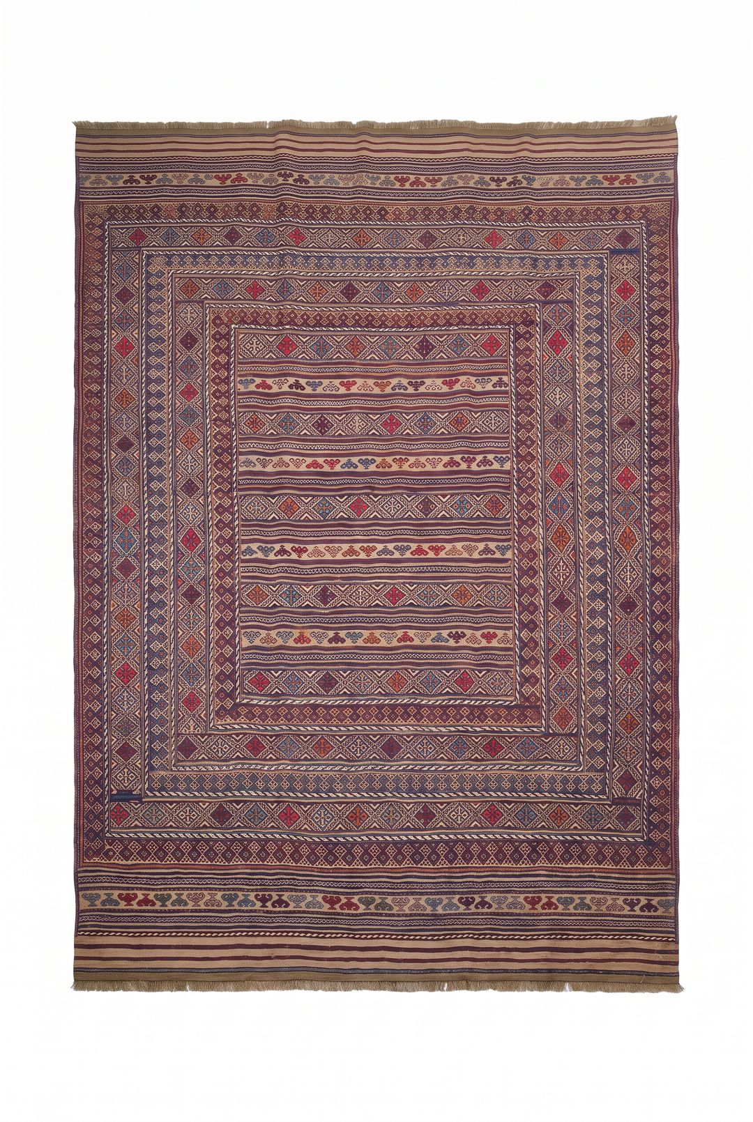 Camel and Indigo Banded Kilim, Hand-Woven Wool