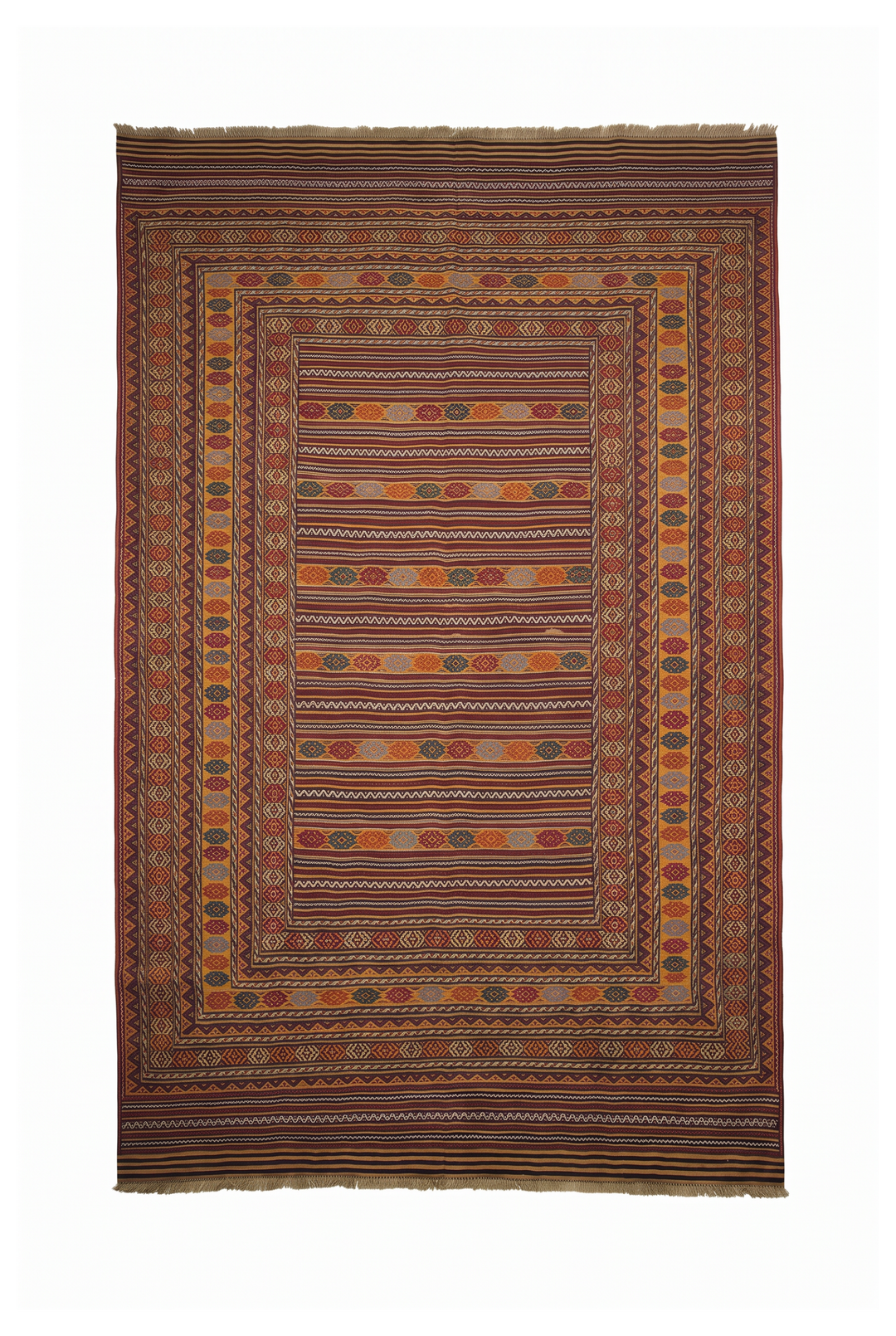 Saffron Gold and Plum Banded Kilim, Hand-Woven Wool