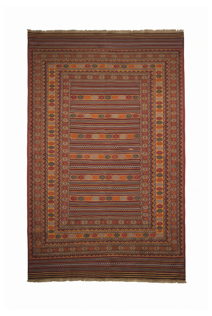 Saffron Gold and Plum Banded Kilim, Hand-Woven Wool