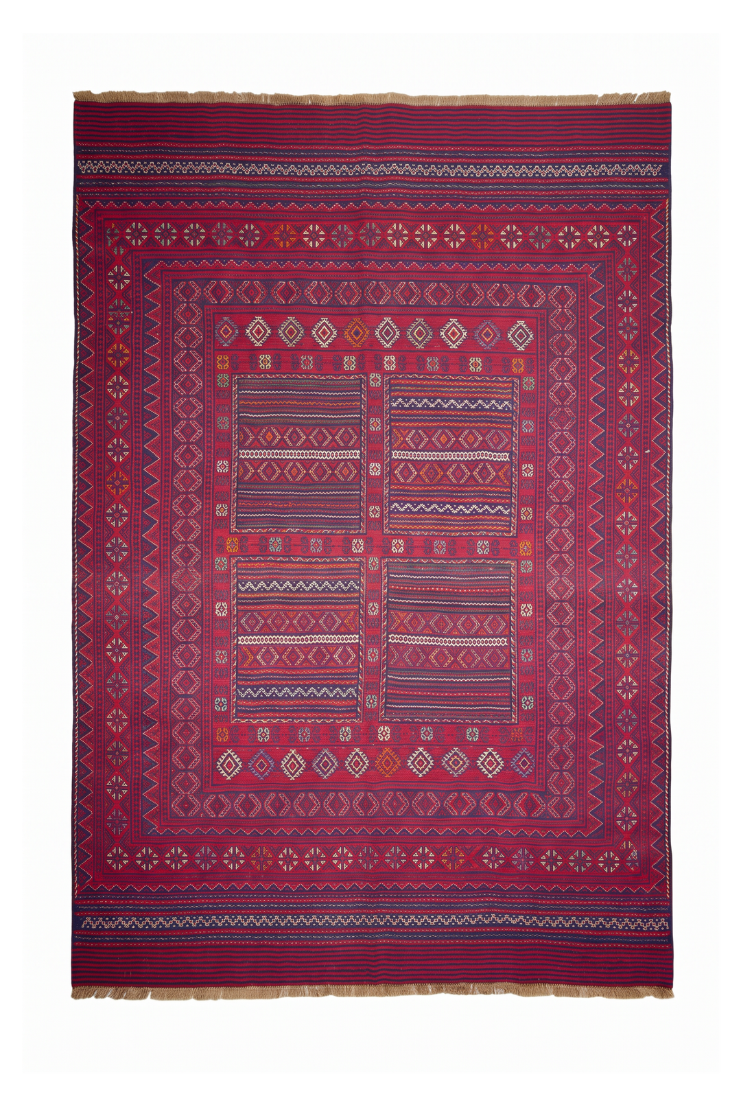 Rose Red and Navy Four-Panel Kilim, Hand-Woven Wool