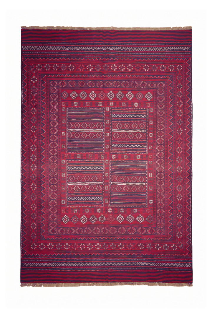Rose Red and Navy Four-Panel Kilim, Hand-Woven Wool
