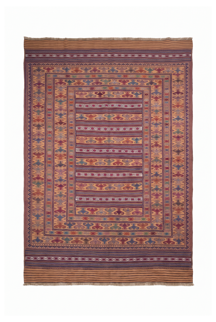 Apricot Camel and Indigo Banded Kilim, Hand-Woven Wool