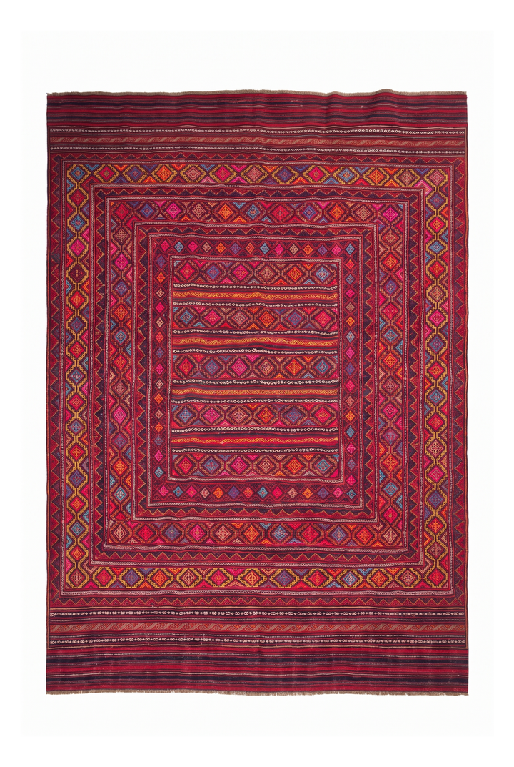 Rose Red and Gold Banded Kilim, Hand-Woven Wool