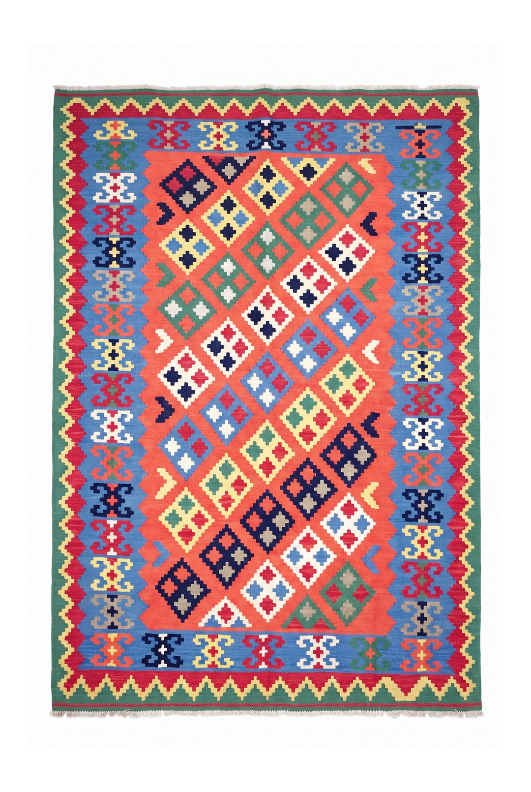 Coral and Green Qashqai Diamond Kilim, Hand-Woven Wool