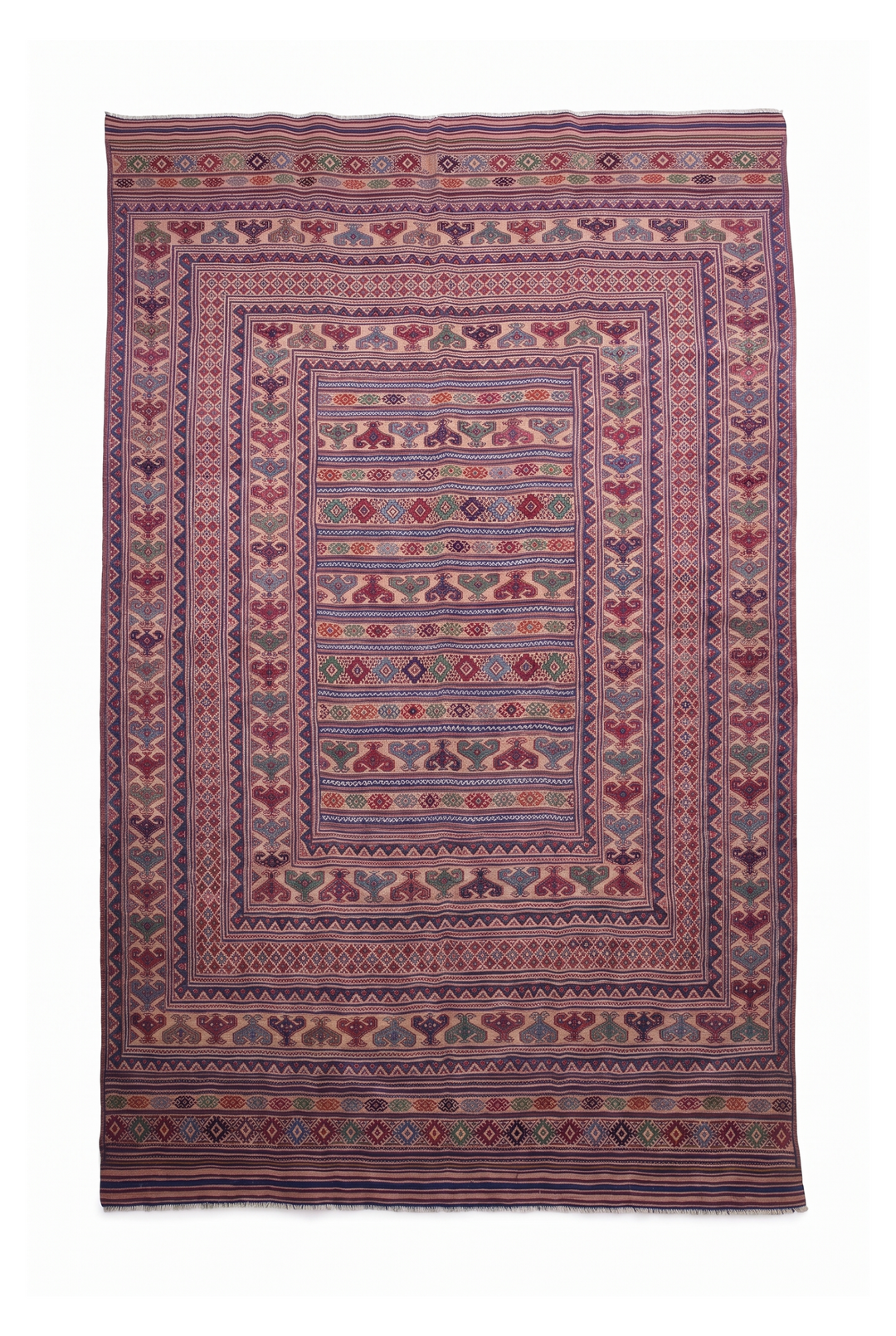 Blush Apricot and Navy Banded Kilim, Hand-Woven Wool