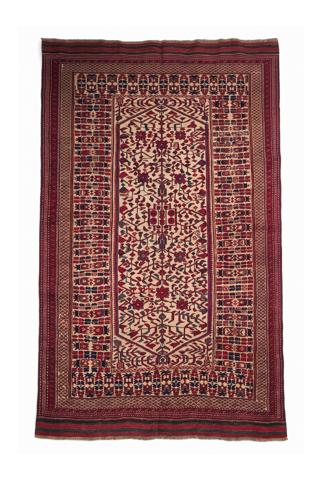 Cream and Red Hooked Medallion Kilim, Hand-Woven Wool