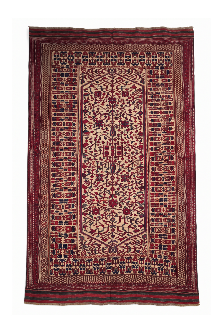 Cream and Red Hooked Medallion Kilim, Hand-Woven Wool