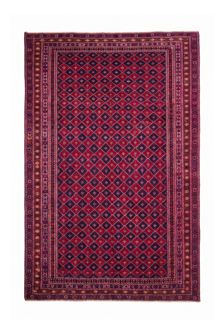 Crimson and Navy Diamond Lattice Kilim, Hand-Woven Wool