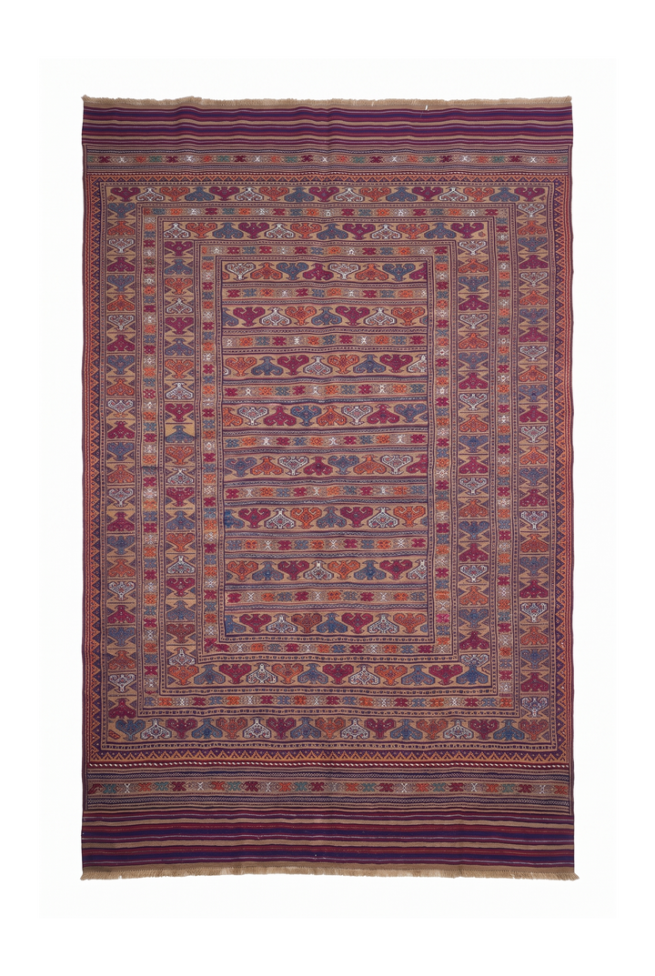 Camel and Burgundy Banded Kilim, Hand-Woven Wool