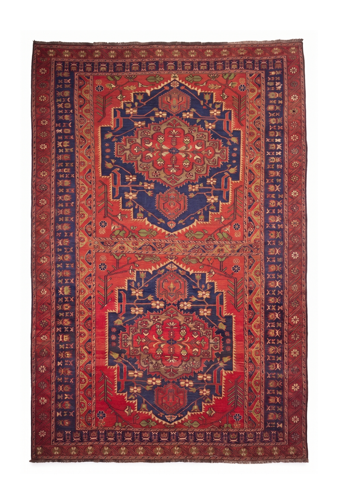 Red and Navy Twin Medallion Kilim, Hand-Woven Wool