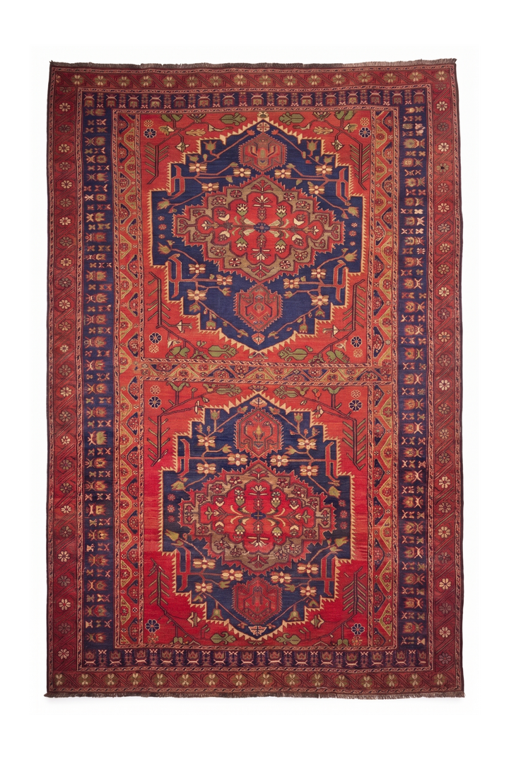 Red and Navy Twin Medallion Kilim, Hand-Woven Wool