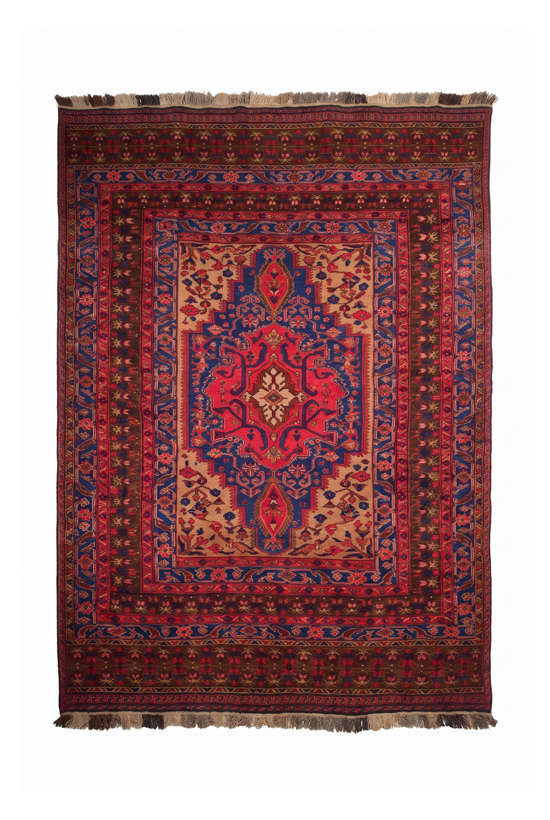 Scarlet and Cobalt Medallion Kilim, Hand-Woven Wool