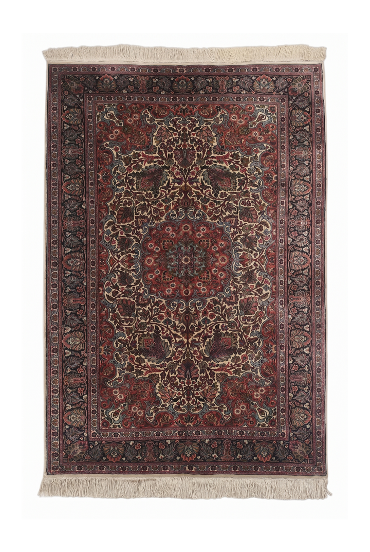 Ivory and Navy Shah Abbasi Floral Medallion, Hand-Knotted Silk Rug